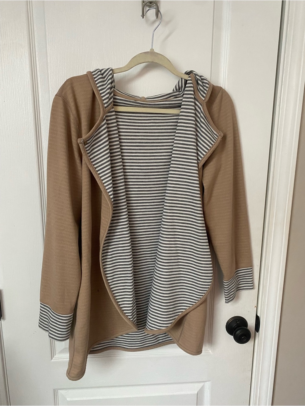 Reversible Women's Tan Hooded Open Cardigan with Striped Lining